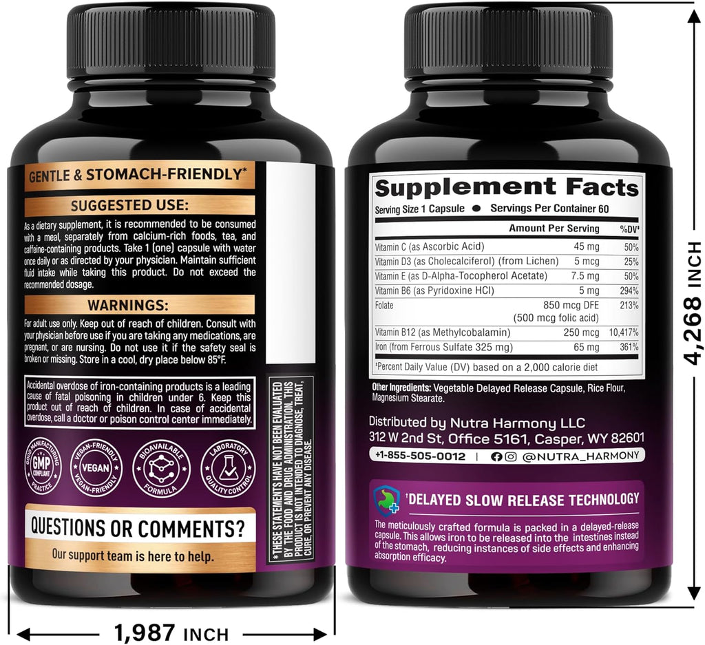 Iron Supplement for Women - Iron 65mg (Ferrous Sulfate 325mg) - Stomach Friendly | Slow Release Iron | High Absorption - Vitamins C, D3, B6, B12 & Folate - Iron Level & Energy Support - 60 Capsules
