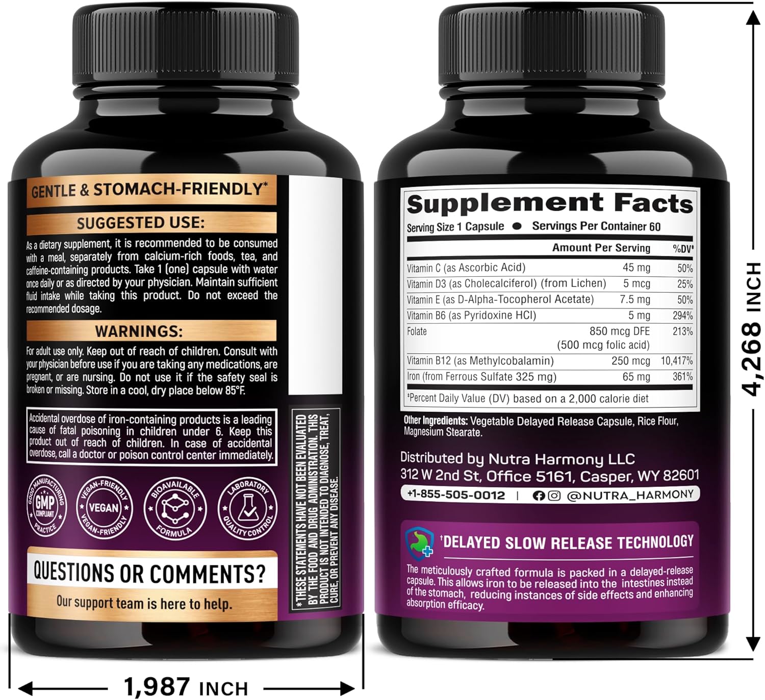 Iron Supplement for Women - Iron 65mg (Ferrous Sulfate 325mg) - Stomach Friendly | Slow Release Iron | High Absorption - Vitamins C, D3, B6, B12 & Folate - Iron Level & Energy Support - 60 Capsules