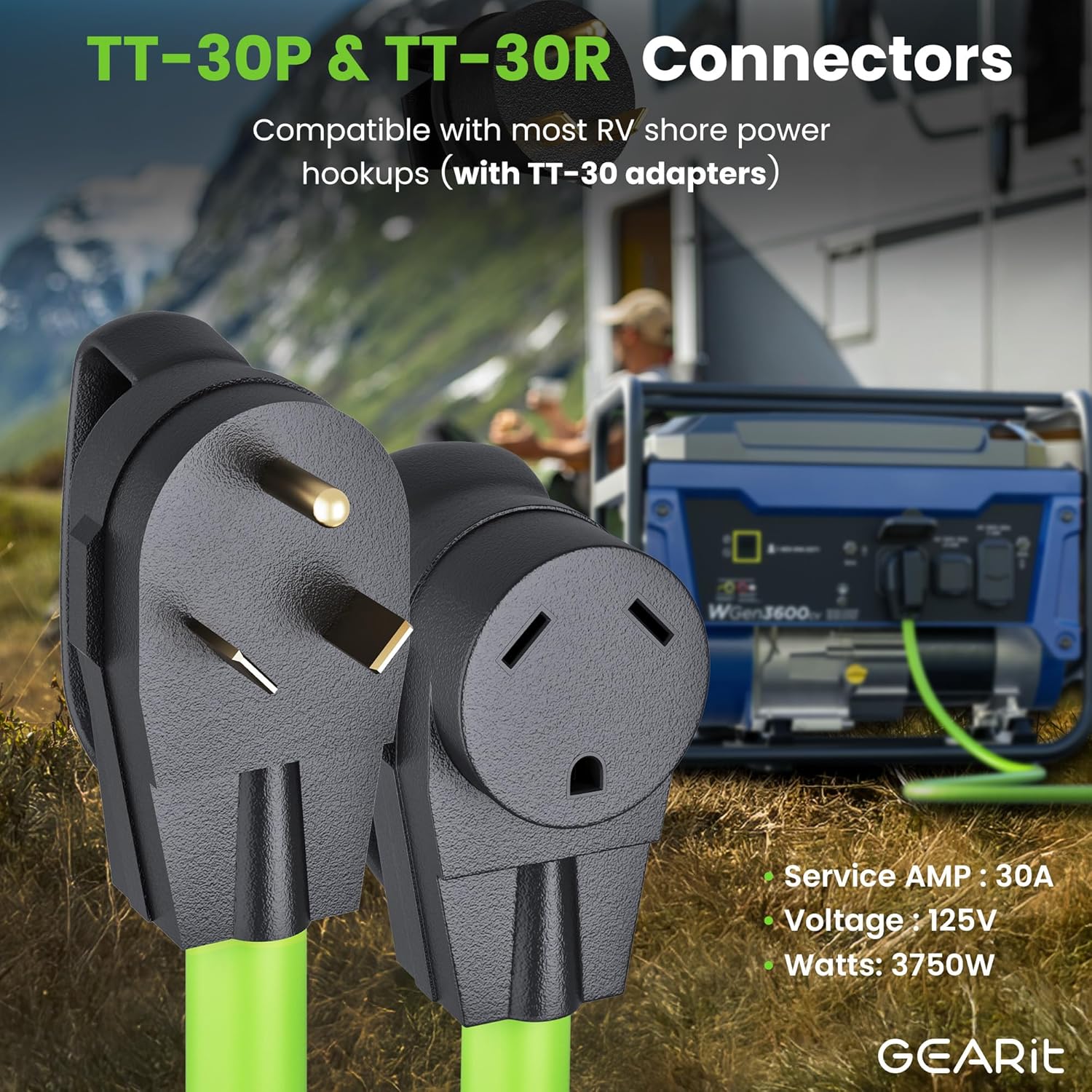 GEARit 30-Amp Extension Cord for RV and Auto, (50-Feet) 3-Prong 125-Volt 10/3 STW 10AWG Gauge 3 Wire, NEMA TT-30P to TT-30R, Outdoor Camper Power Cord