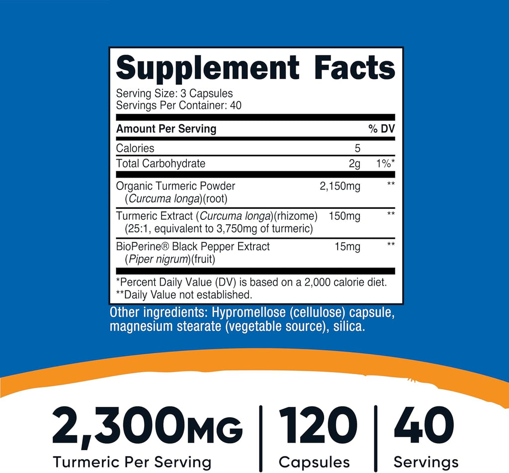 Nutricost Turmeric Curcumin with BioPerine and 95% Curcuminoids, 2300mg, 120 Capsules, Veggie Capsules, 767mg Per Cap, 40 Servings, Gluten Free, Non-GMO