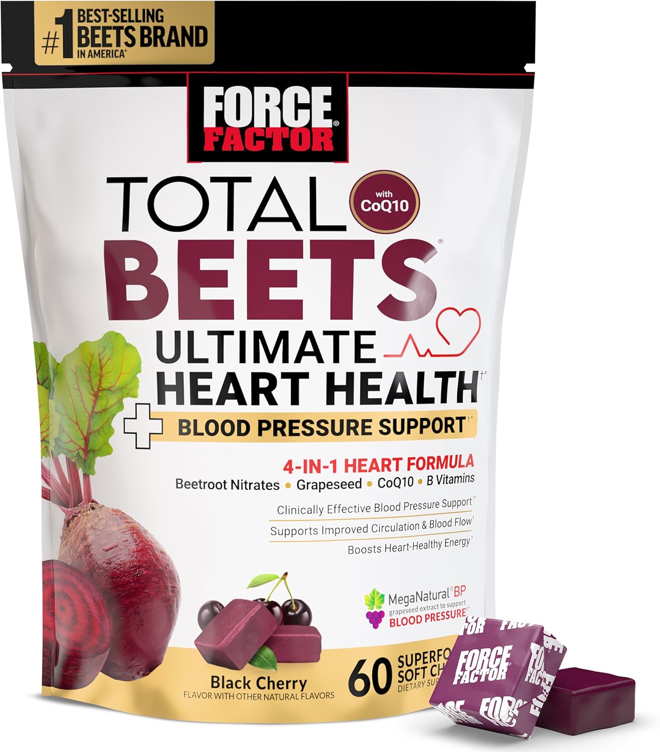 Force Factor Total Beets Ultimate Heart Health Chews for Blood Pressure Support, with Beetroot Powder, CoQ10, B Vitamins Grapeseed Extract for Blood Flow Energy, Black Cherry, 60 Soft Chews