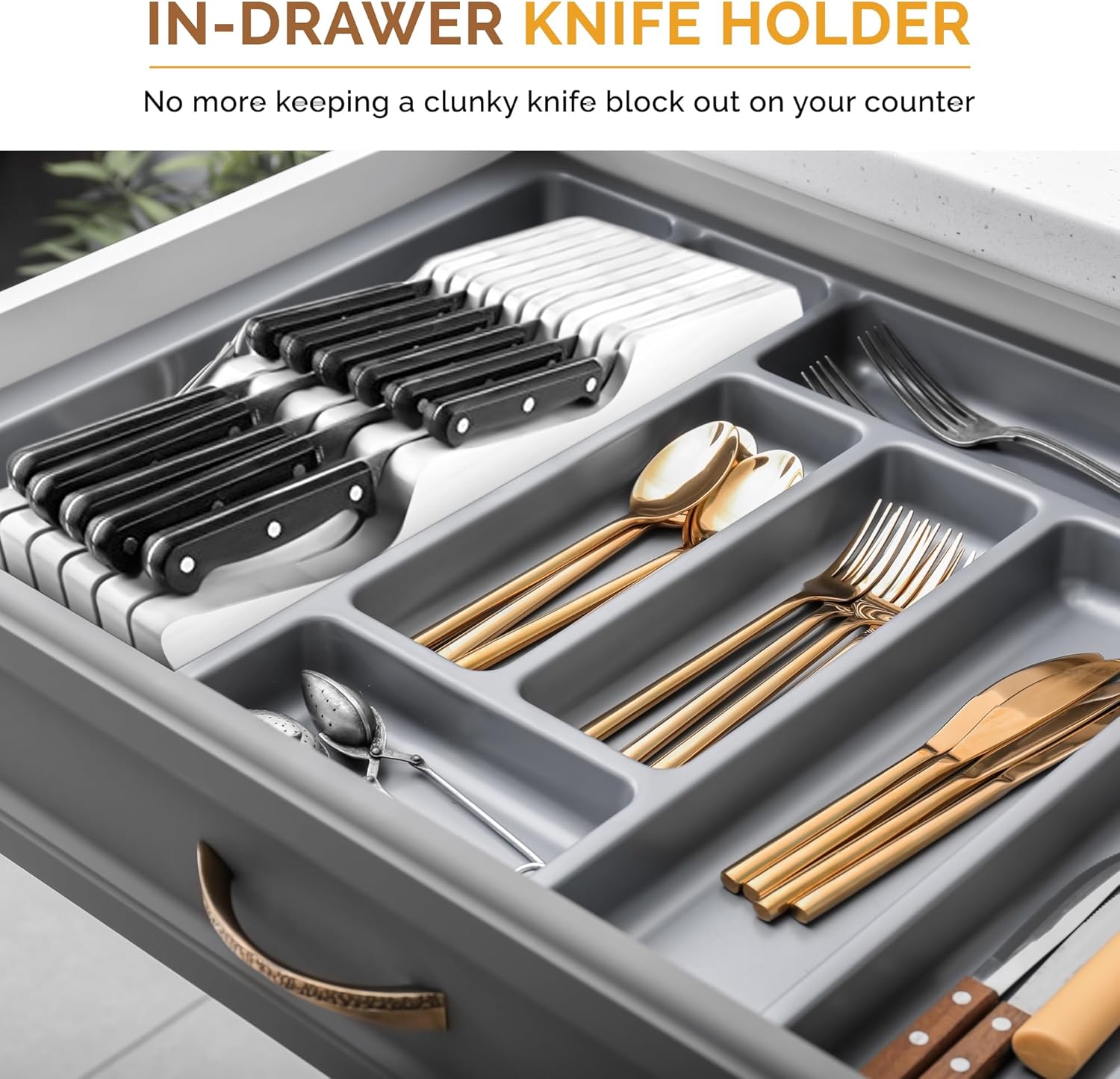 In-Drawer Knife Block - Bamboo Knife Drawer Organizer for Kitchen - Fits 5 Long + 6 Short Knives | Store Knives with Blades Pointing Down - Wooden Steak knife Holder without Knives (White)