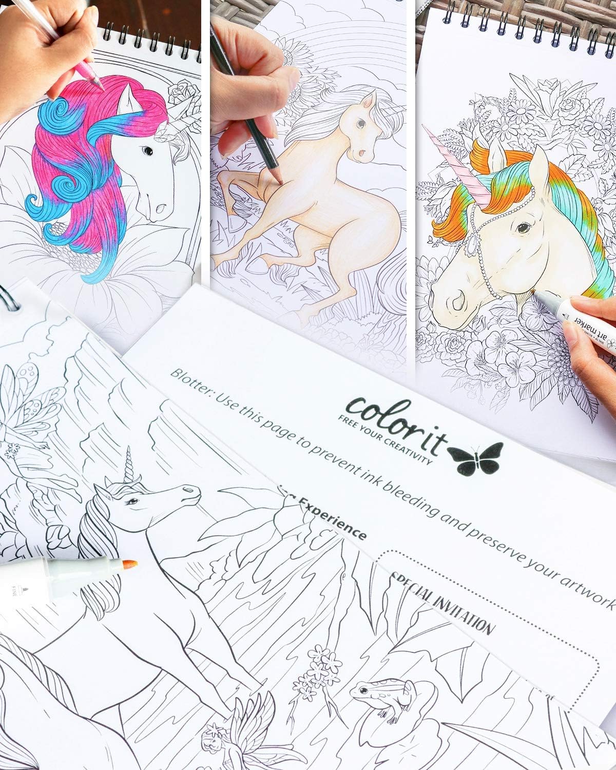 ColorI Colorfu Unicorn Adul Colorin Boo 5 Single-Side Pages Thic Smoot Paper La Fla Hardbac Covers Spira Bound US Printed Han Draw Unicor Colorin Pages