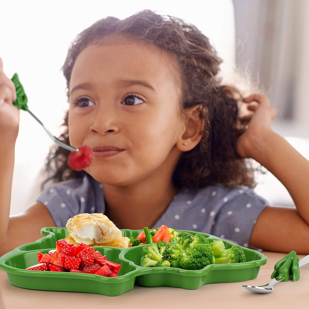 KidsFunware T-Re Dinosau M Tim Mea Set Portio Contro Divide Plat wit For an Spoo fo Kids