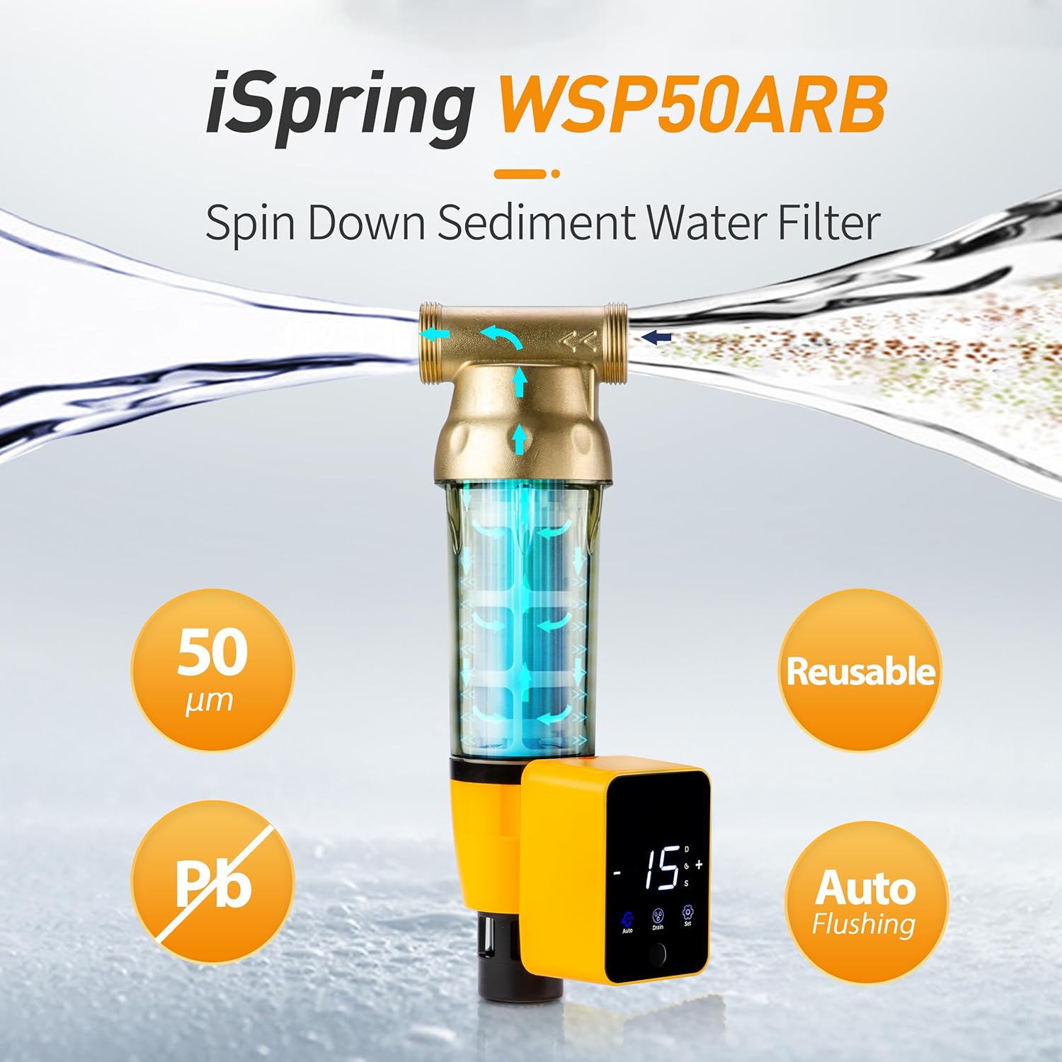 iSprin WSP50AR Spi Dow Sedimen Wate Filter Reusabl wit Touch-Scree Aut Flushin Modul an Built-i Housin Scraper Bras To Clea Housing 5 Micron