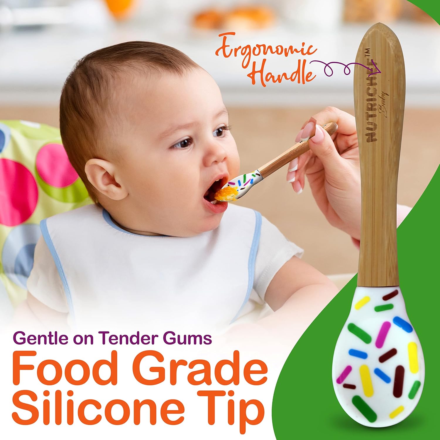 NutriChe Bambo Bab Feedin Bow Woode Infan Toddle Dis an Spoo Se w/Silicon Suctio Bas fo Sta Pu Eating Fo Childre Age 4-7 Month (Sparkle)