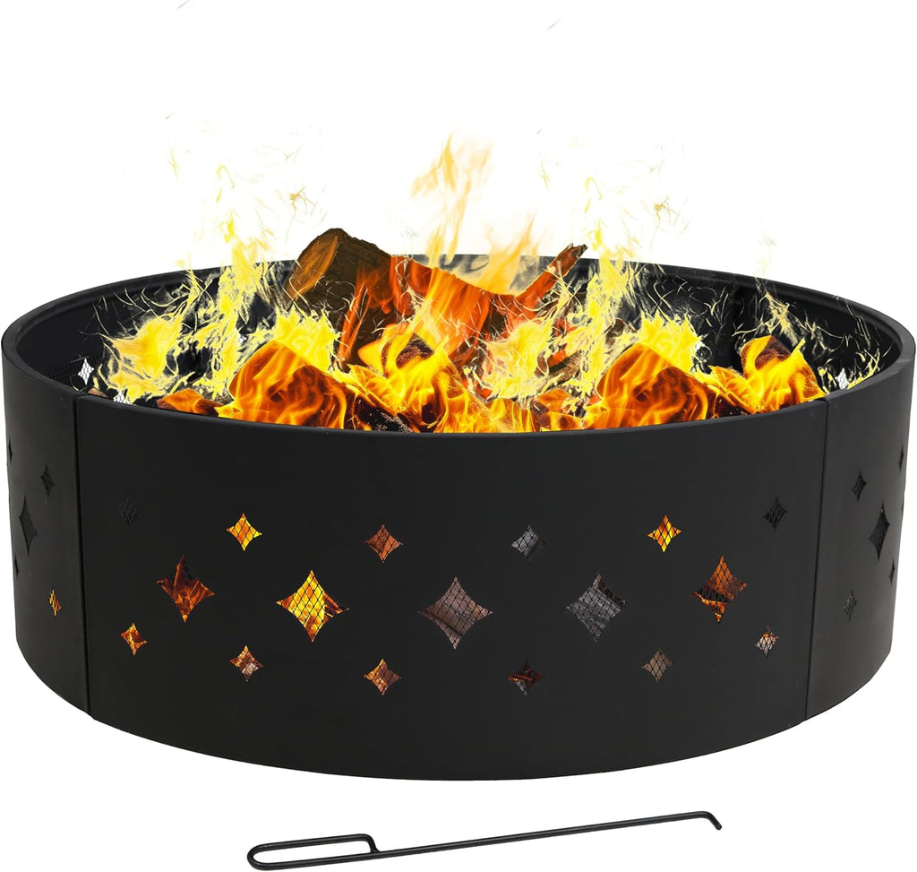 Sunnydaze 36-Inch Outdoor Fire Pit Ring with Poker - Round Heavy-Duty Steel Fire Ring for Camping or Backyard - Diamond - 10inch H