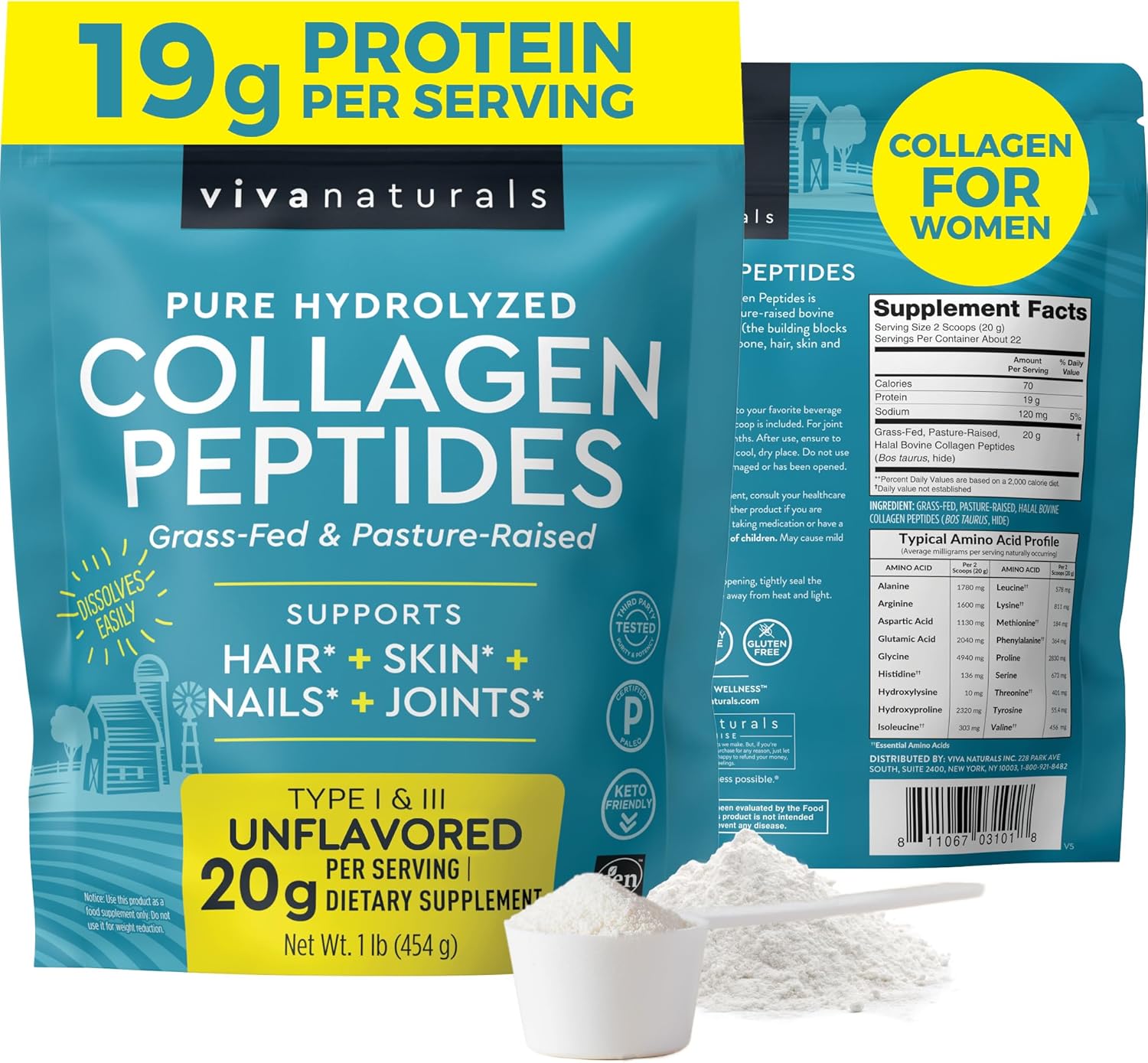 Viv Natural Hydrolyze Collage Peptide Powder l Grass-Fe Pasture-Raise Bovin Collagen Typ  III Unflavore Powde fo Hair Ski Nails