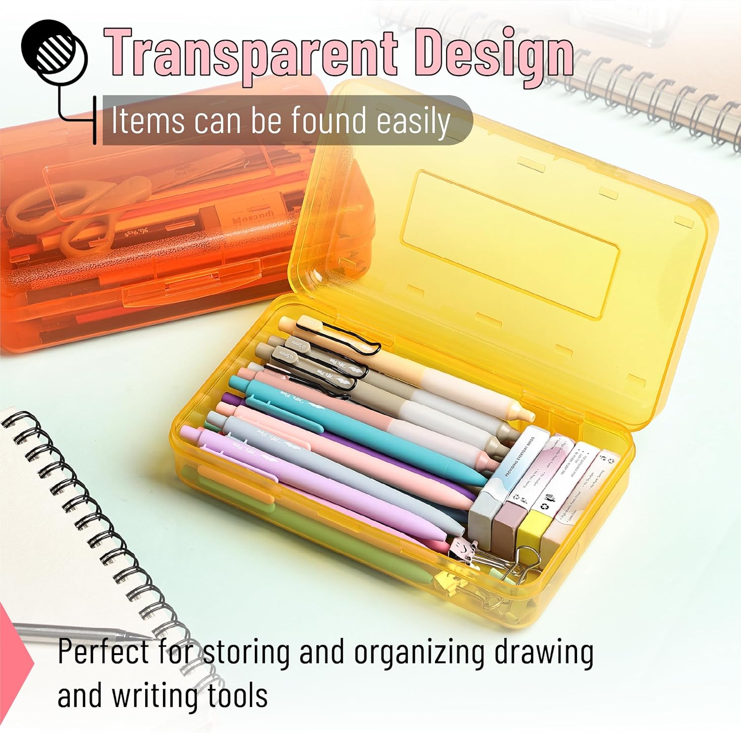 Mr. Pen- Clear Pencil Boxes Bulk, 12 Pack, Colorful, Snap-Tight Lid, Plastic Pencil Box Organizer, 7.9inchx4.5inchx2.4inch