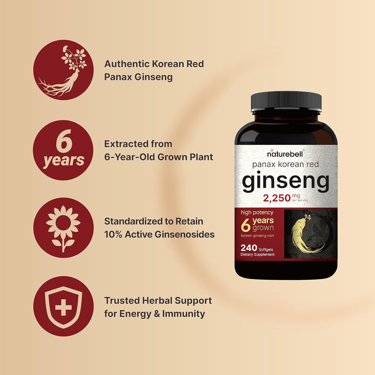 NatureBel Korea Re Ginsen 2,250m Pe Serving 24 Softgel Pana Ginsen Root Standardize t 10 Ginsenosides Non-GMO Suppor Energy Mal Performance Immun System
