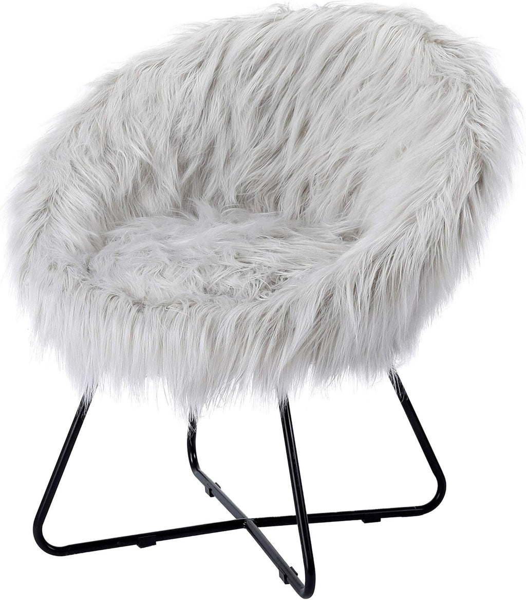 BIRDROCK HOME Faux Fur Papasan Chair with Black Legs - Luxuriously Soft & Lightweight - Wide Cushion Seat for Playroom, or Living Room - Moon Chair - Metal - Fluffy Round Seat - Circle - Grey