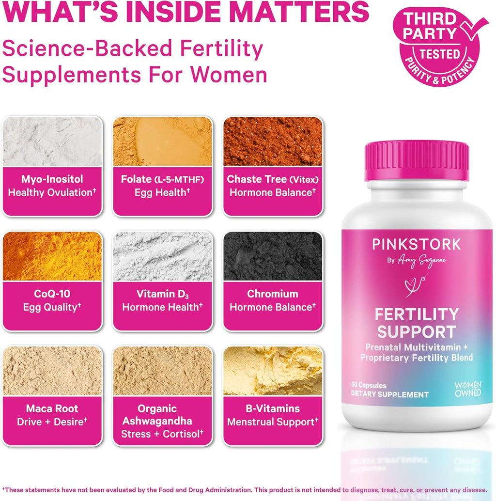 Pink Stork Fertility Supplements for Women | 2-in-1 Conception Support with Inositol, Folate + CoQ10 | Cycle Regularity, Hormone Balance + Reproductive Wellness | 60 Capsules