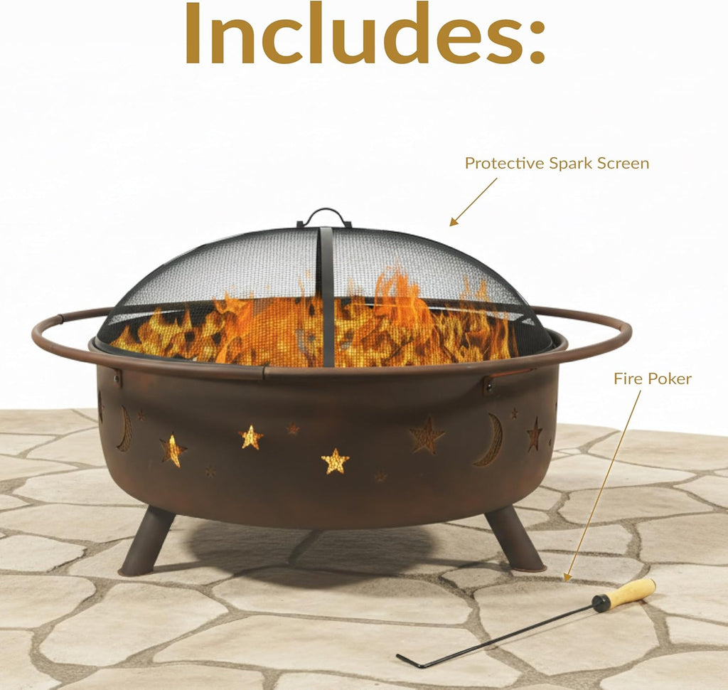 Cosmi 42-Inc Larg Outdoo Fir Pi Wood-Burnin Fir Pi wit Roun Spar Screen Poker an Built-i Grate
