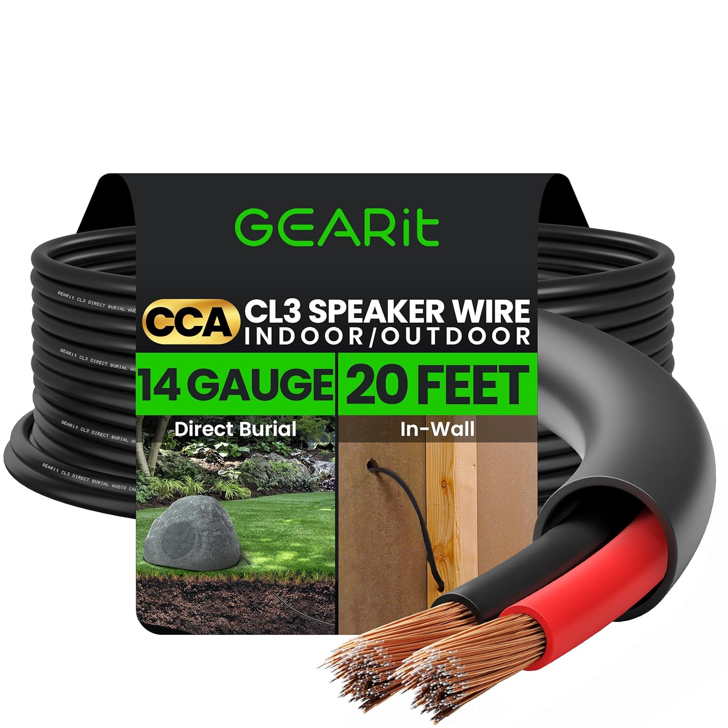 GEARit Outdoor Speaker Wire CL3 Rated, 14 Gauge Speaker Wire, Speaker Cable 20 ft for Outdoor Speakers, Patio, Garden, Backyard Audio, Direct Burial in Ground/in Wall, CCA (Black, 2-Conductors)