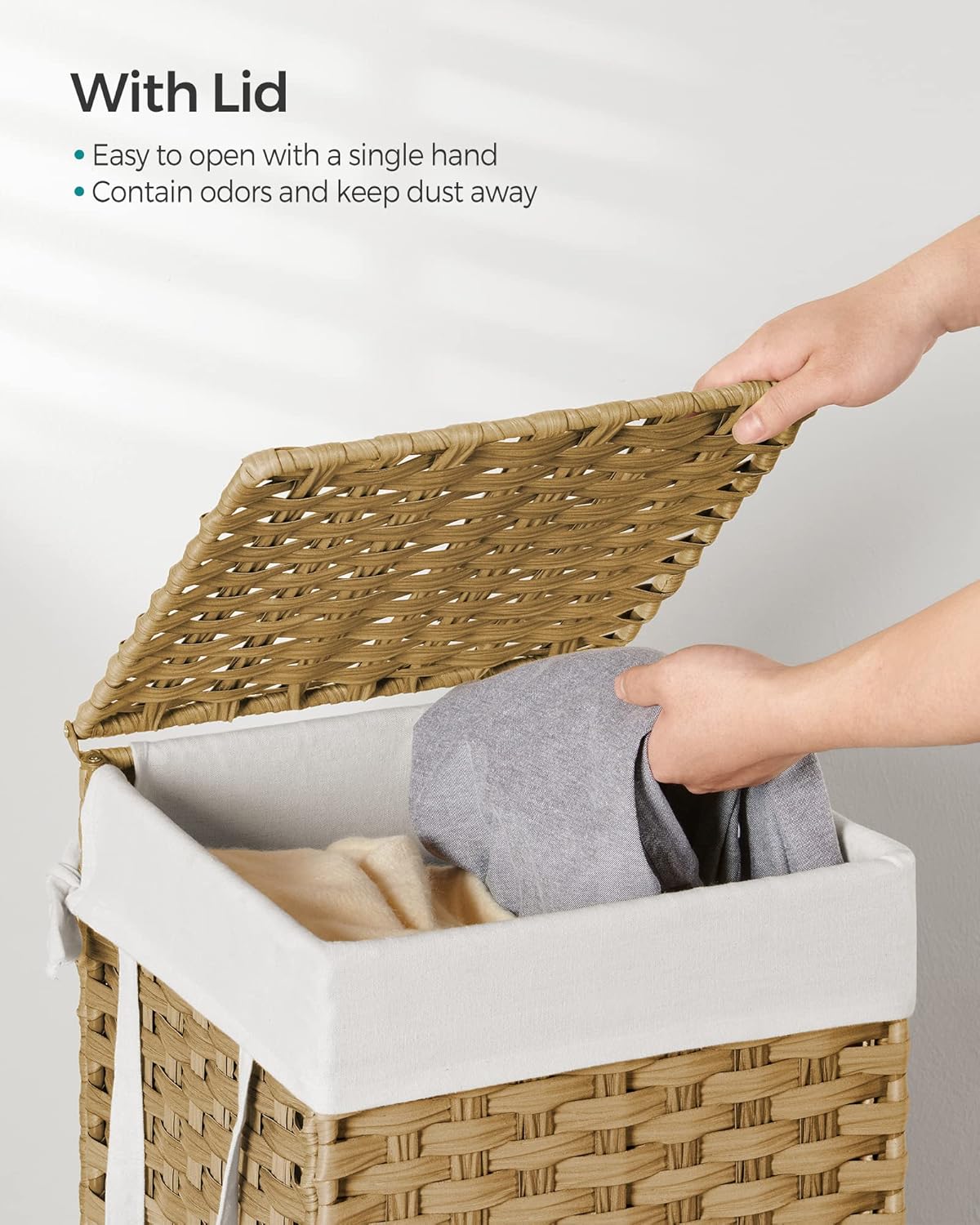 Laundry Hamper with Lid, 17.2 Gallon (65 L) Synthetic Rattan Clothes Laundry Basket with Lid and Handles, Foldable, Removable Liner, Goose Yellow ULCB165N01