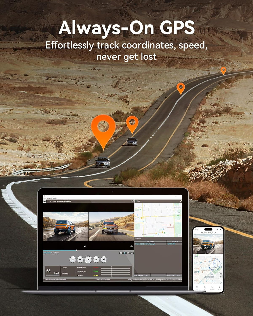 WOLFBO 12inc 4 Rea Vie Mirro Camer wit 5.8GH WiF an Voic Control Smar Mirro Das Ca Fron an Rear Backu Camer wit 1080 Rea Camera Das Ca wit WDR Include 64G Car GPS