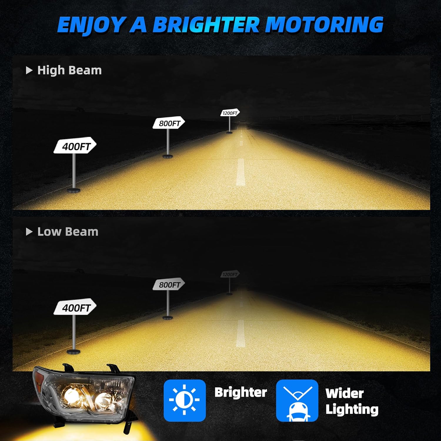 AUTOSAVER88 LED DRL Headlights Assembly Compatible with 2007-2013 Toyota Tundra / 2008-2017 Sequoia Headlamp Replacement Pair Set with Daytime Running Light Chrome Housing Amber Reflector