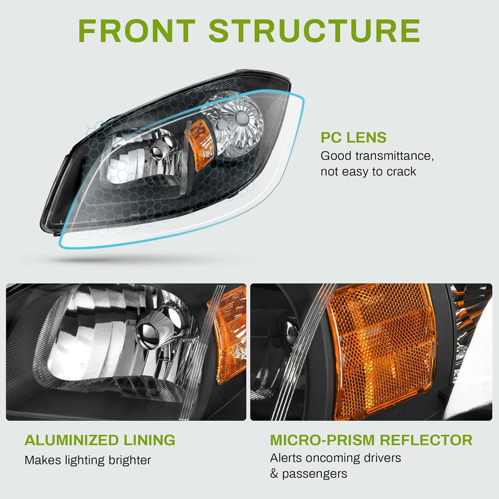 AUTOSAVER88 Headlights Assembly Compatible with 2005-2010 Chevy Cobalt/ 2005-2006 Pontiac Pursuit/ 2007-2009 Pontiac G5 Black Housing Amber Reflector Clear Lens