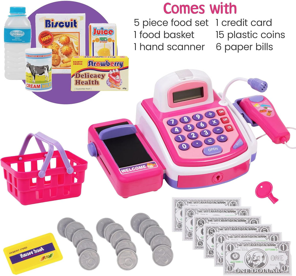 Prextex Grocery Store Pretend Play Electronic Toy Cash Register Set - STEM Cash Register for Kids with Microphone, Play Money, and Food Basket - Kids Checkout Toys with Scanner- Pink