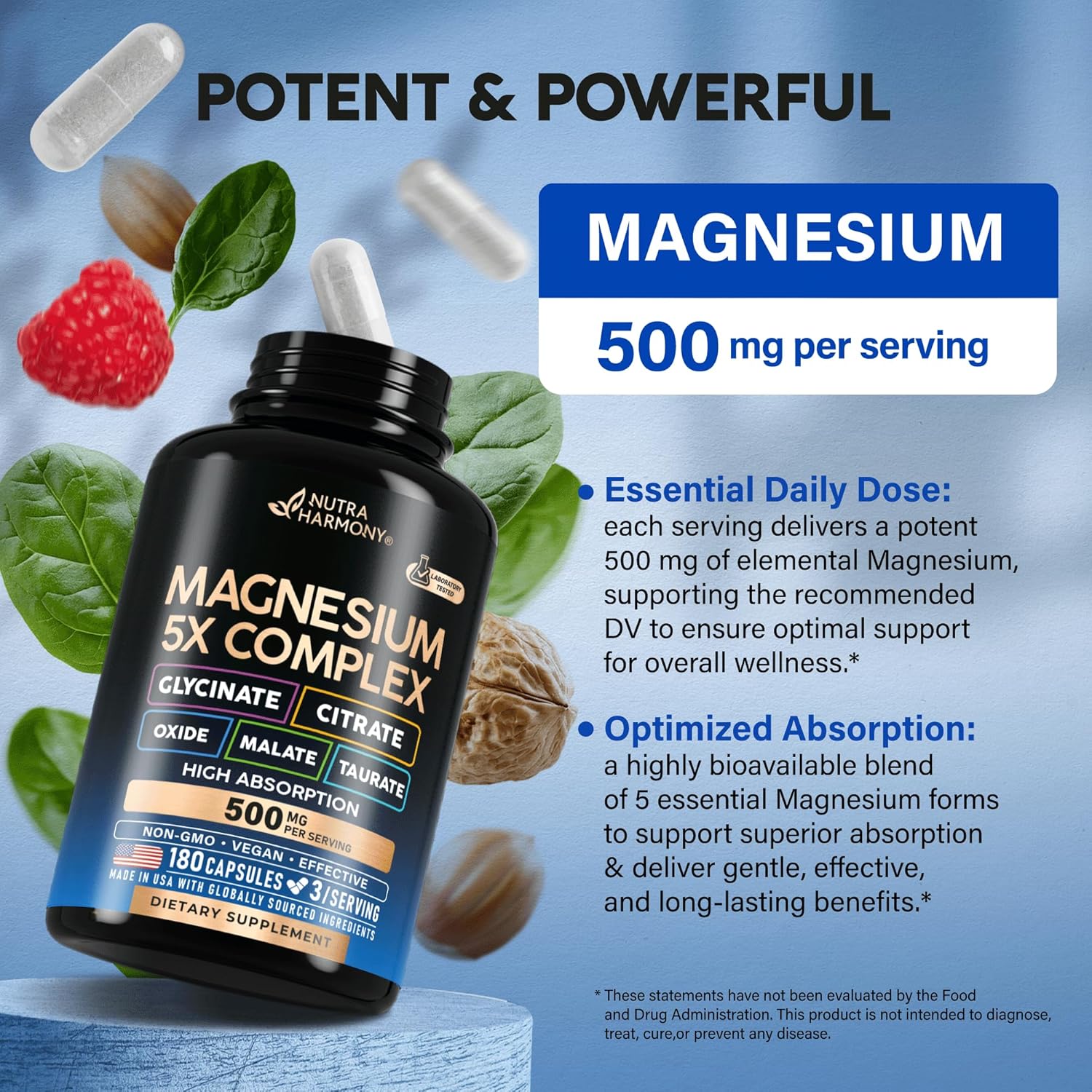 Magnesium Supplement - 5 in 1 Complex | Glycinate | Citrate | Malate | Taurate | Oxide - Made in USA - Stress, Muscle & Heart Support - Vegan, Natural, Non-GMO - 180 Capsules, 2 Month Supply