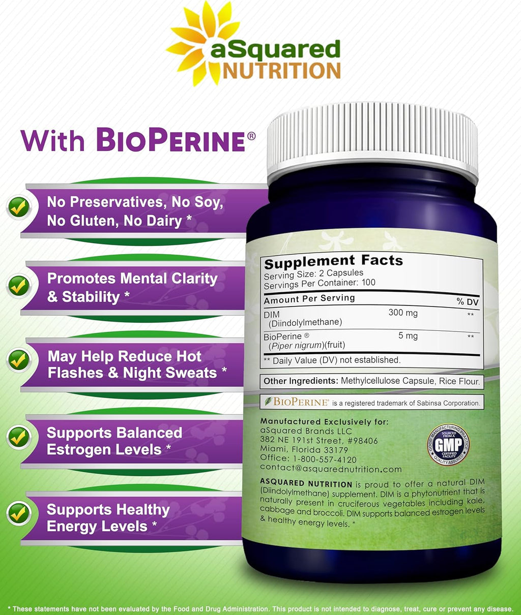 aSquare Nutritio DI Supplemen 300m Plu BioPerin 20 Veggi Capsule Diindolylmethan DI Ma Strengt Pill t Suppor Estroge Metabolis Balance Menopaus Relief PCOS Hormona Acne
