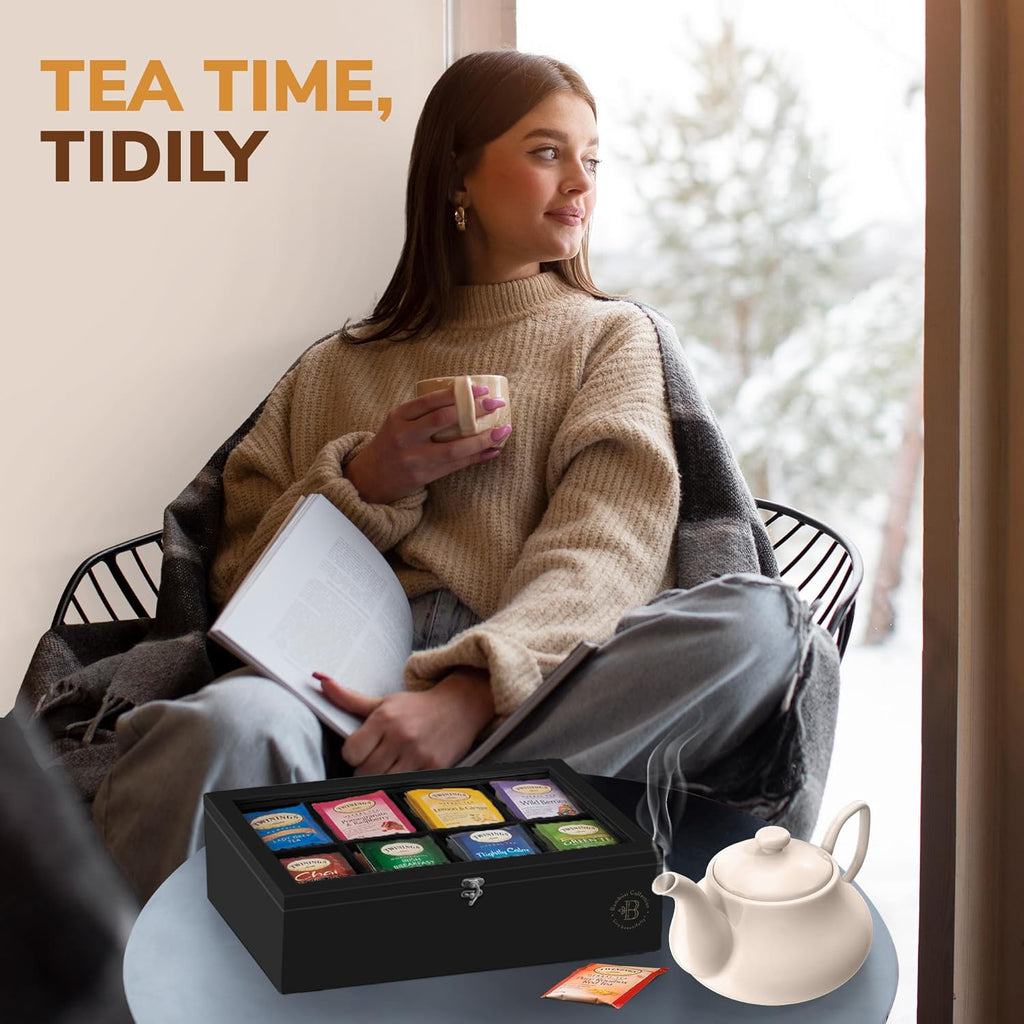 Bamb¨¹si Tea Bag Organizer - Bamboo Tea Box Organizer Storage Box, Tea Bag Holder with Acrylic Window, Magnetic Lid Keeps Tea Bags Fresh - Ideal Gifts Tea Organizer Caddy (Tea Not Included) - Black