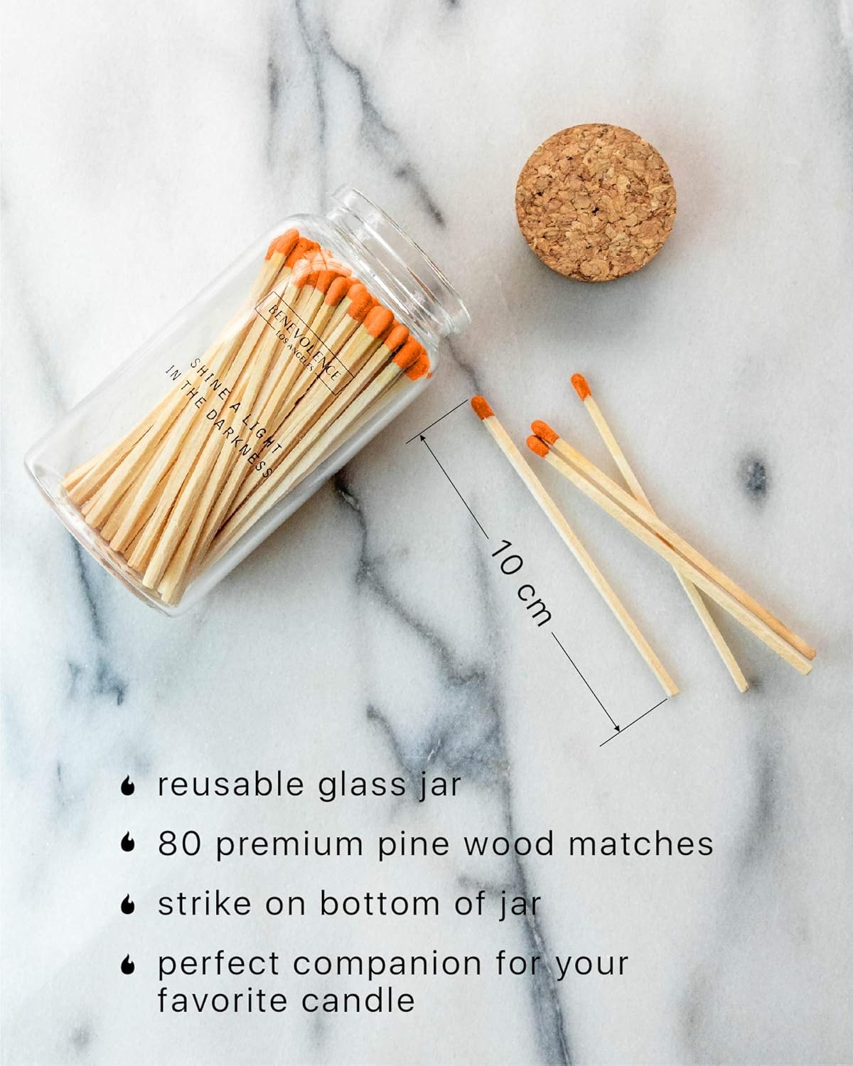 Benevolence LA Decorative Wooden Matches in Glass Jar with Striker | 4 Inches Colored Safety Long Match for Lighting Candles | Apothecary Home & Bathroom Decor - Fluorescent Orange