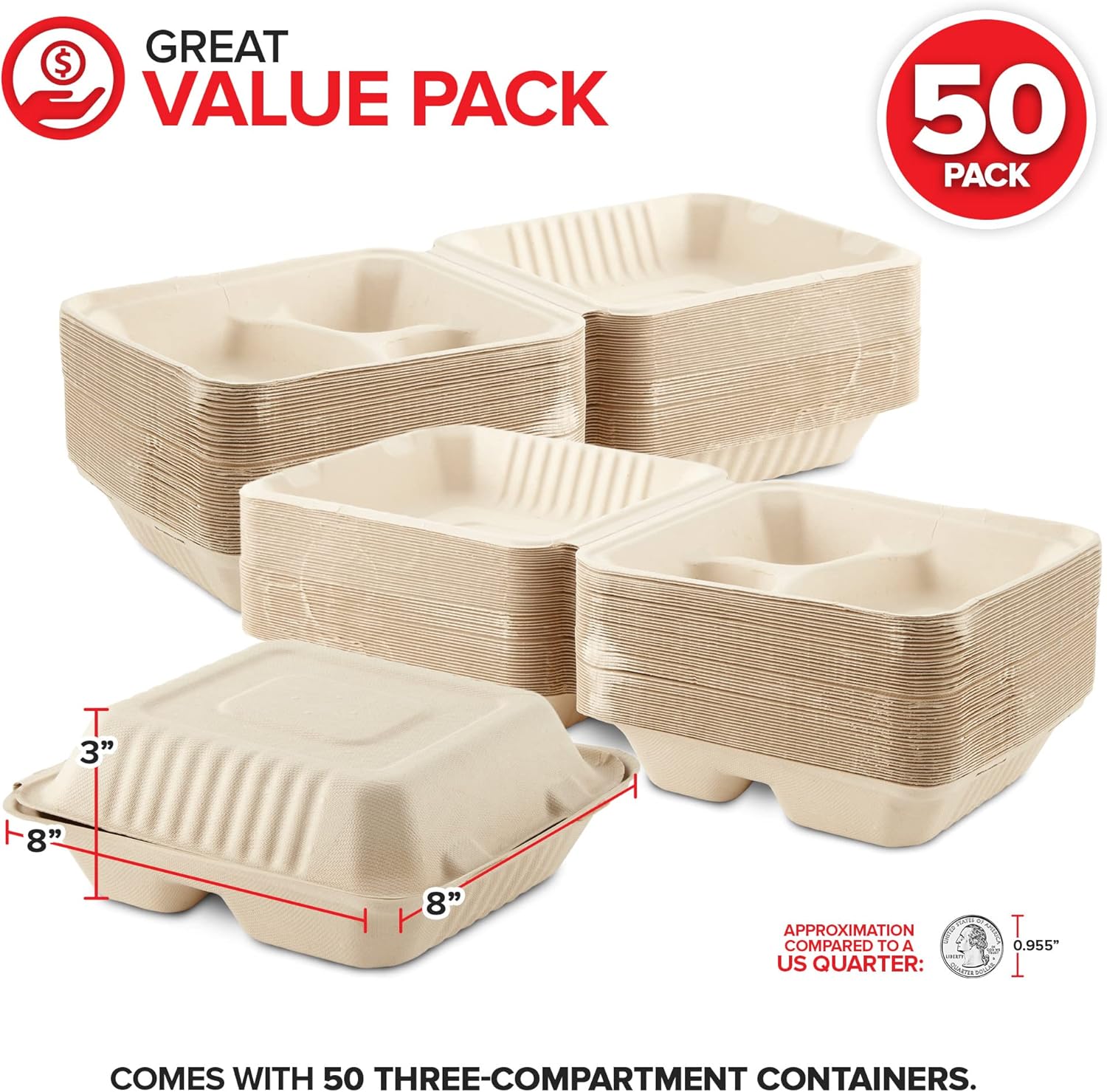 Clamshell Take Out Food Containers 8 x 8 (50 Pack) 3-Compartment, Disposable To Go Container, Togo Boxes With Lids, Trays for Lunch, Dinner, Meal-Prep, Eco Friendly, Compostable, Biodegradable