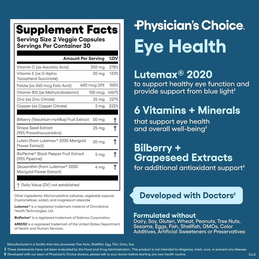 Physician' Choic Ey Healt Lutein Zeaxanthi Bilberr Extrac Support Ey Strain Dr Eyes an Visio Healt  Award-Winnin Clinicall Prove Ey Vitami Ingredient Carotenoi Blend