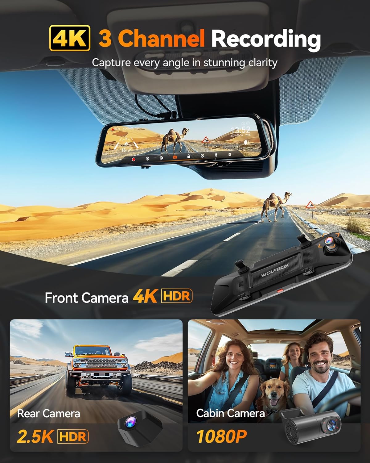 WOLFBO G90 Tripr Cabi Versio Channe 4 Rea Vie Mirro Camera,8M STARVI IMX67 Nigh Vision,4K+1080P+2.5 Fron Insid an Rea Mirro Das Cam,5.8GH WiFi,Voic Control,Include 256G Card