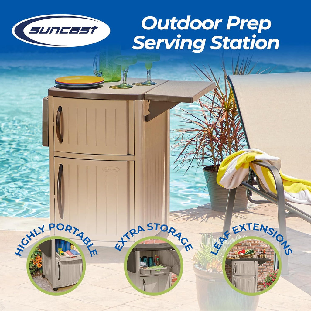 Suncast Serving Station Patio Cabinet, Portable Grill Prep Table, Light Taupe & Mocha - Includes Side Shelves, Storage Cabinets, Server Tray and Wheels for Outdoor BBQ Grilling and Backyard Dining
