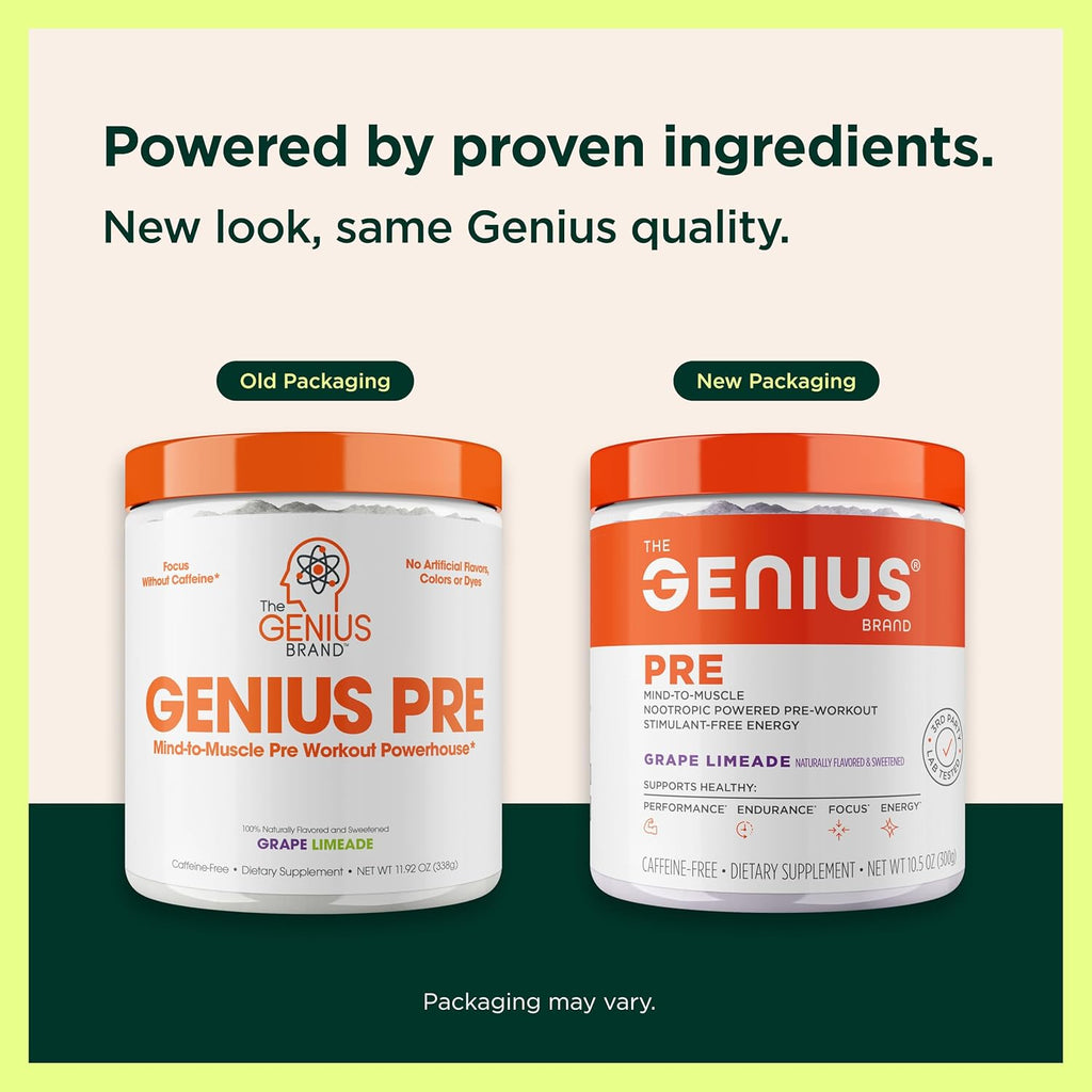 Genius Pre Caffeine-Free Pre Workout Boosted Energy, Focus, Performance Nootropic Formula AlphaSize, Citrulline Malate, CarnoSyn Beta Alanine Endurance, Stamina, Recovery, 20 Servings - Grape Limeade