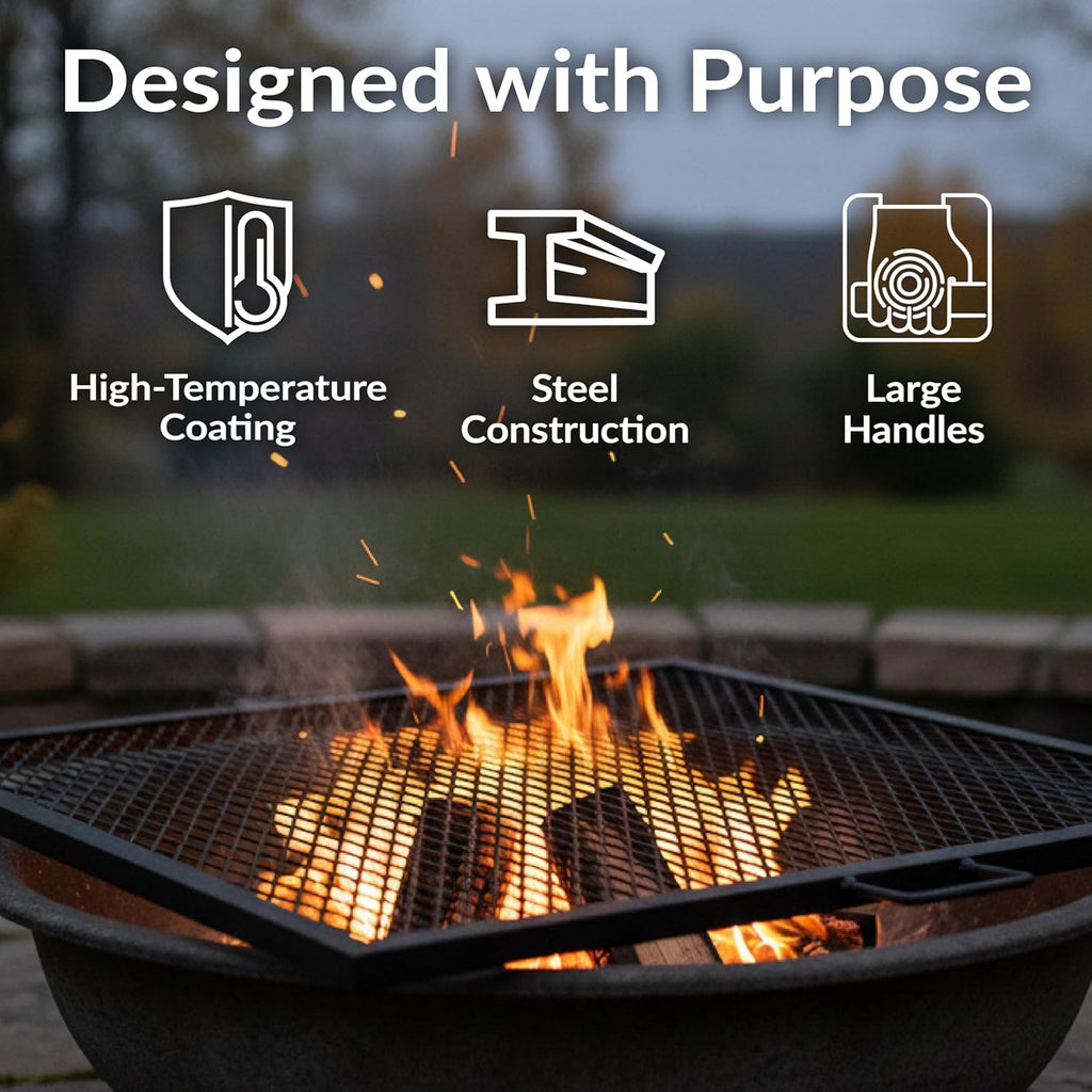 Sunnydaze X-Marks Fire Pit Cooking Grate - Outdoor Square Black Steel BBQ Campfire Grill with Handles - 40-Inch