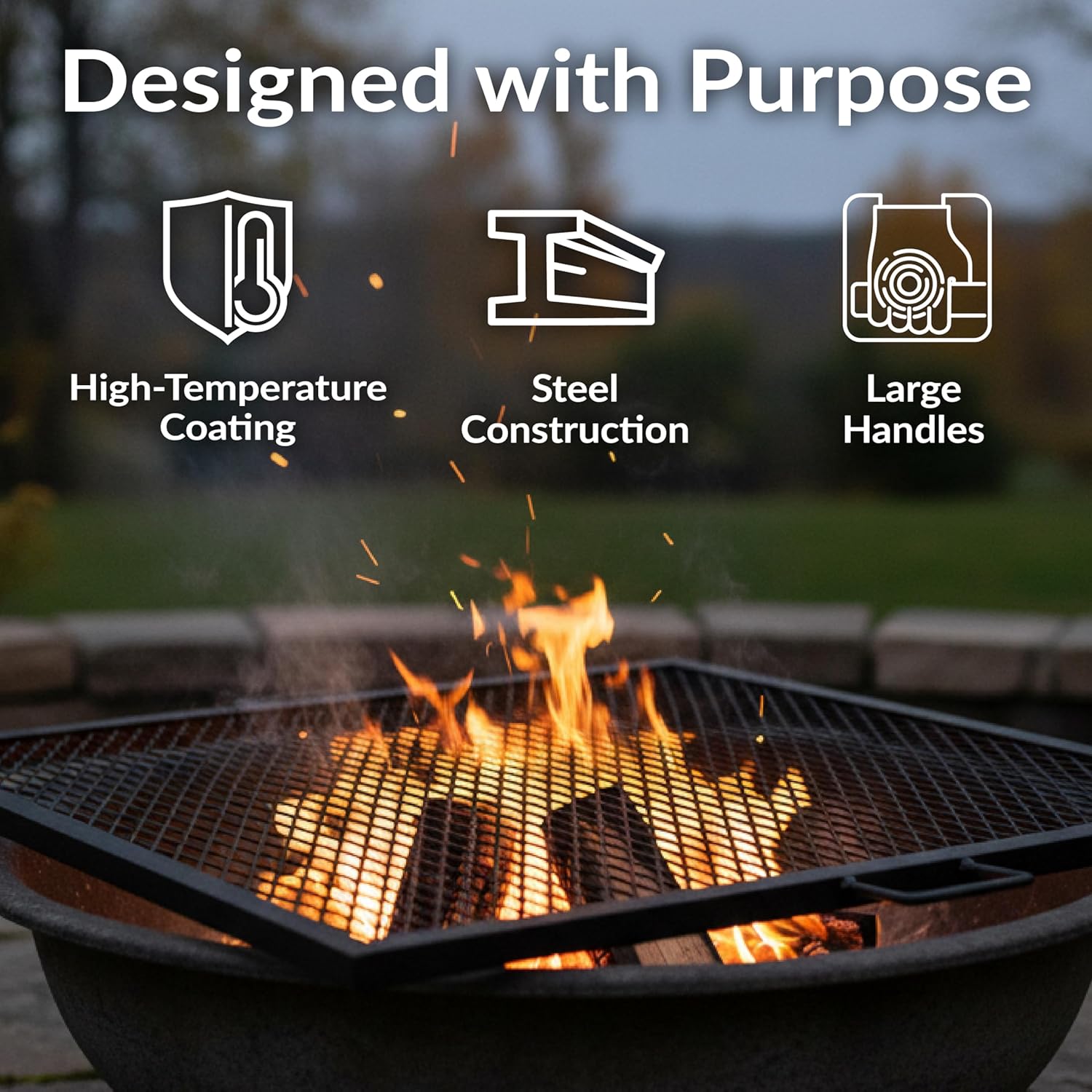 Sunnydaze X-Marks Fire Pit Cooking Grate - Outdoor Square Black Steel BBQ Campfire Grill with Handles - 40-Inch