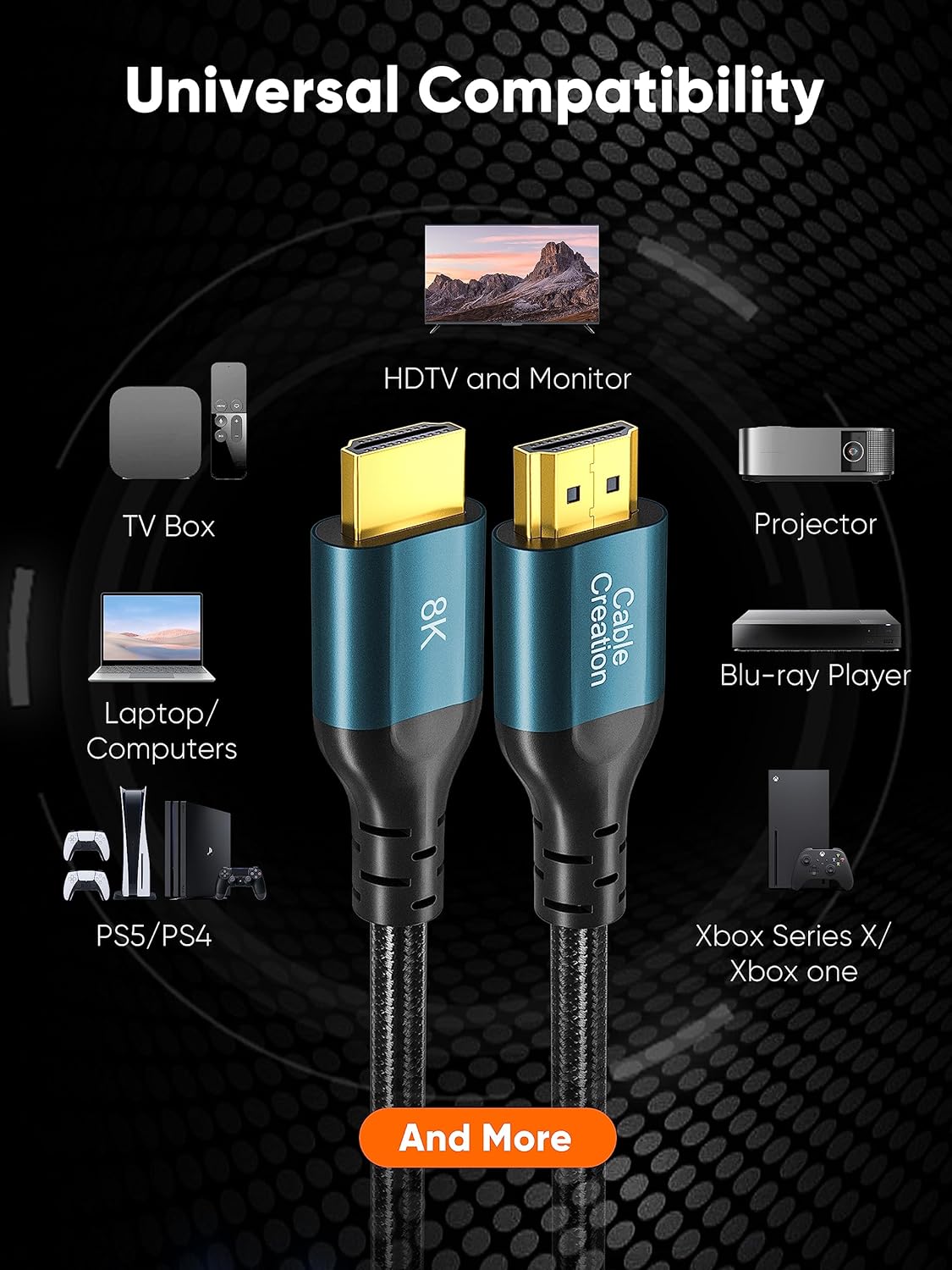 8K HDMI Cable 10ft, 48Gbps for PS4, HDTV, Monitor, Project, Support eARC, eARC HDR HDCP 2.2 2.3