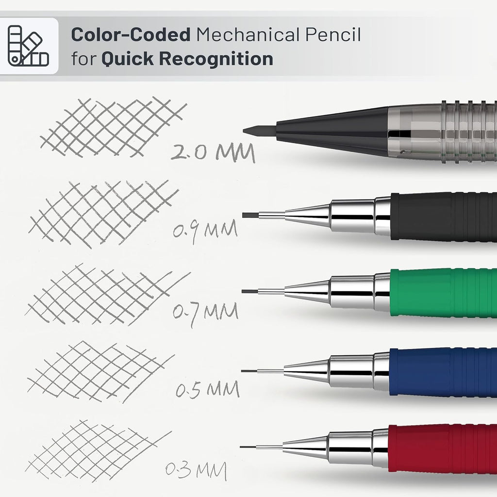 Mechanical Pencil Set with Lead and Eraser Refills, 5 Sizes - 0.3, 0.5, 0.7, 0.9 and 2 Millimeters, Drafting, Sketching, Illustrations, Architecture, Christmas Gift