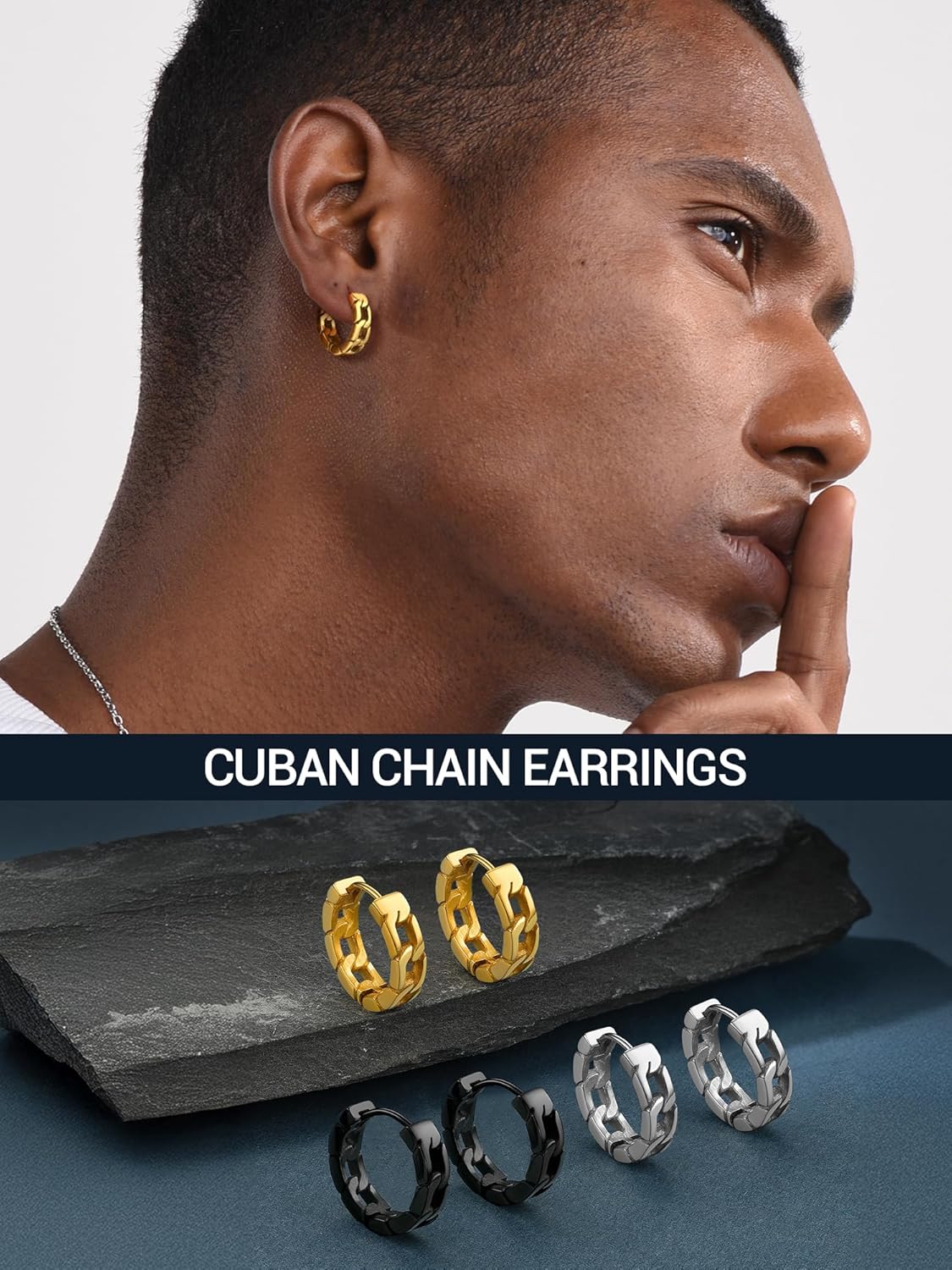 Chunky Hoop Earrings for Men Women, Skull/Infinity Pattern, Spike/Cuban Links 4 Design Options, Black/18K Gold Plated 316L Stainless Steel, Lightweight Earrings, Come Gift Box