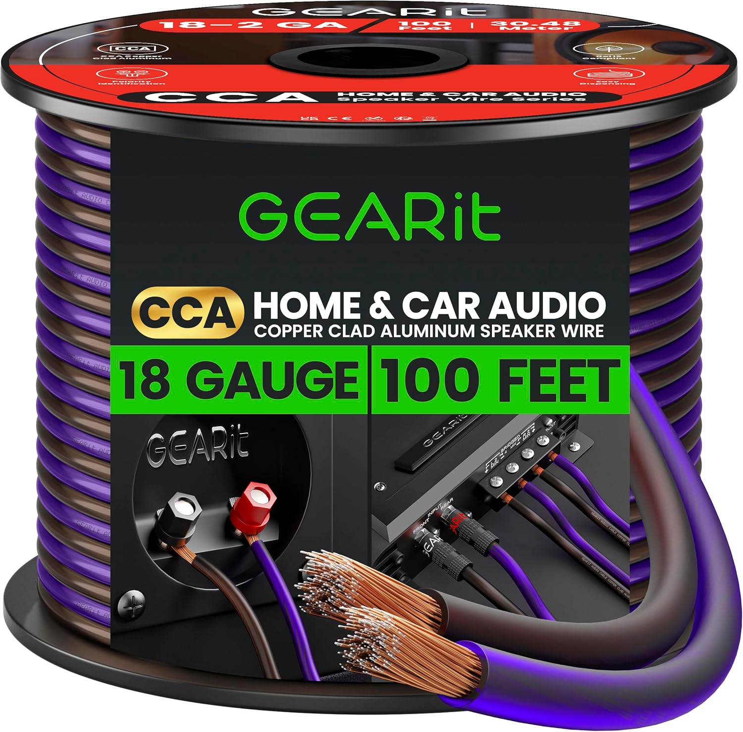 GEARit Pro Series 18AWG Speaker Wire, 18 Gauge Speaker Wire Cable (100 Feet / 30 Meters) Great Use for Home Theater Speakers and Car Speakers, Transparent Black/Purple