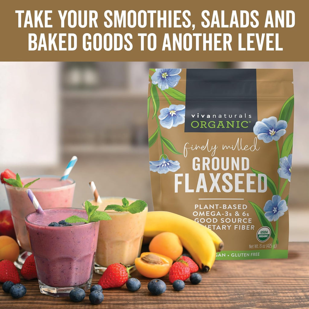 Viva Naturals Organic Ground Flaxseed, 15 oz (425 g) ¨C Plant-Based Protein, Vegan Omega-3 Fiber, Finely Milled Flax Seeds, Perfect for Smoothies Baking