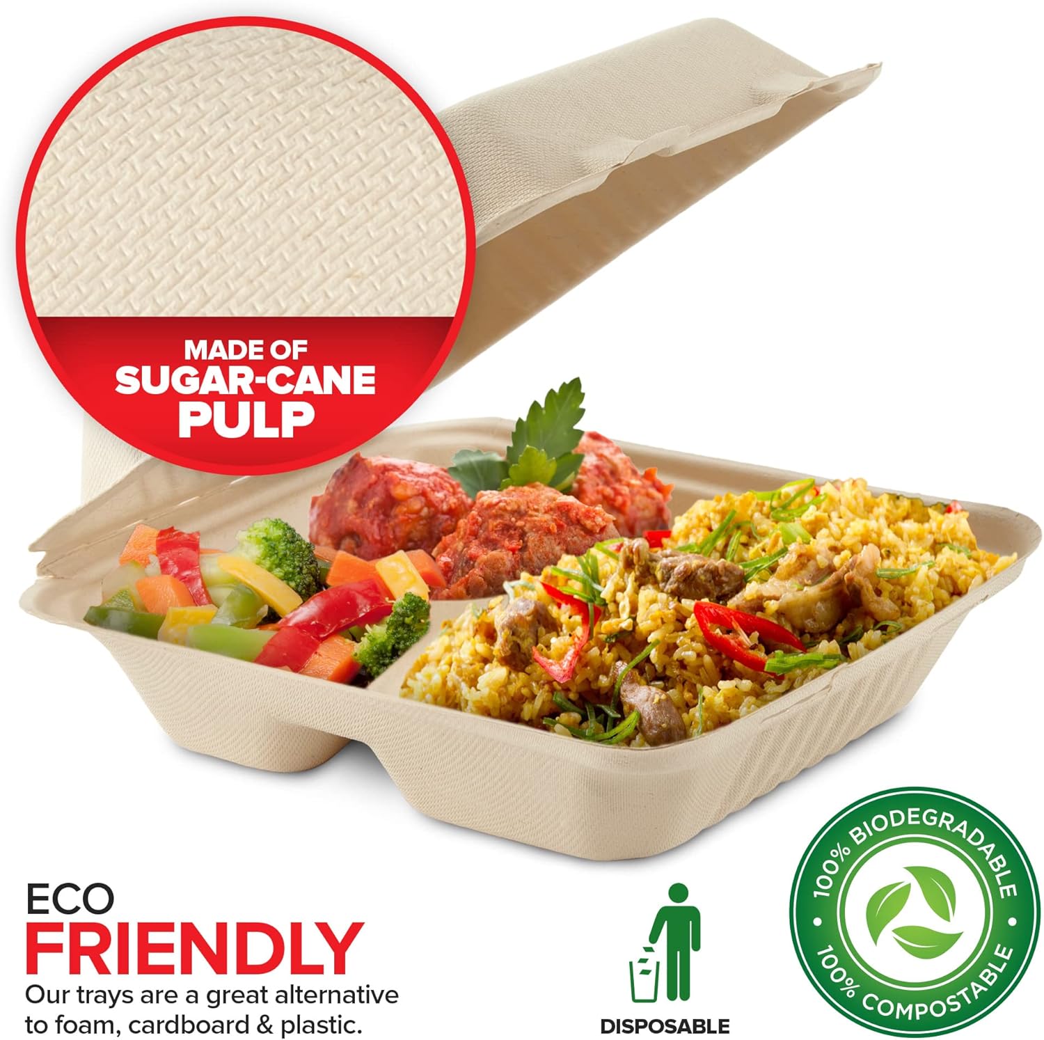 Clamshell Take Out Food Containers 8 x 8 (50 Pack) 3-Compartment, Disposable To Go Container, Togo Boxes With Lids, Trays for Lunch, Dinner, Meal-Prep, Eco Friendly, Compostable, Biodegradable