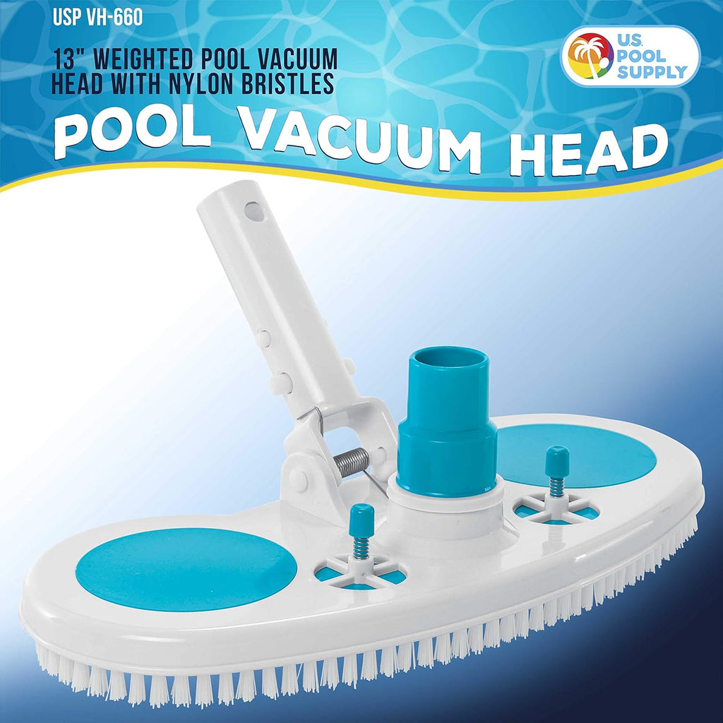 U.S. Pool Supply 13inch Weighted Pool Vacuum Head with Nylon Bristles, Swivel Hose Connection, EZ Clip Handle - Connect 1-1/4inch or 1-1/2inch Hose - Removes Debris, Cleans Floors - Safe for Vinyl Lined Pools