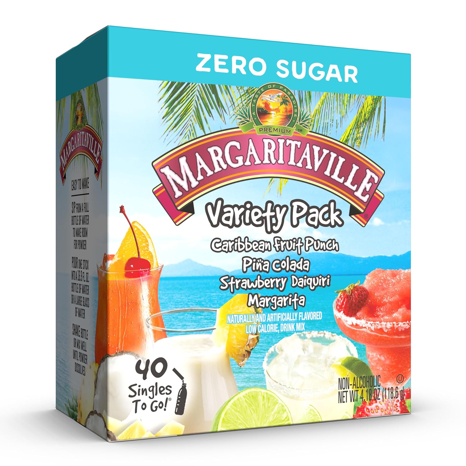 SINGLE T GO Margaritavill Wate Drin Mix Variet Pack Include Flavors Caribbea Frui Punch Pin Colada Strawberr Daiquiri An Margarita, Bo (4 Singl Servings)