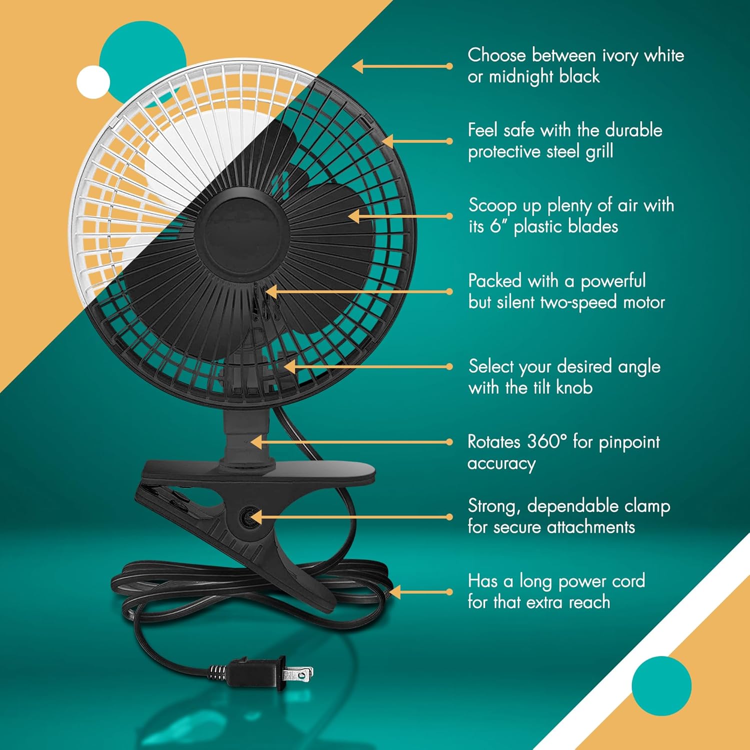 JOEY'Z 6 INCH - 2 Speed - Adjustable Tilt, Whisper Quiet Operation Clip-On-Fan - Black