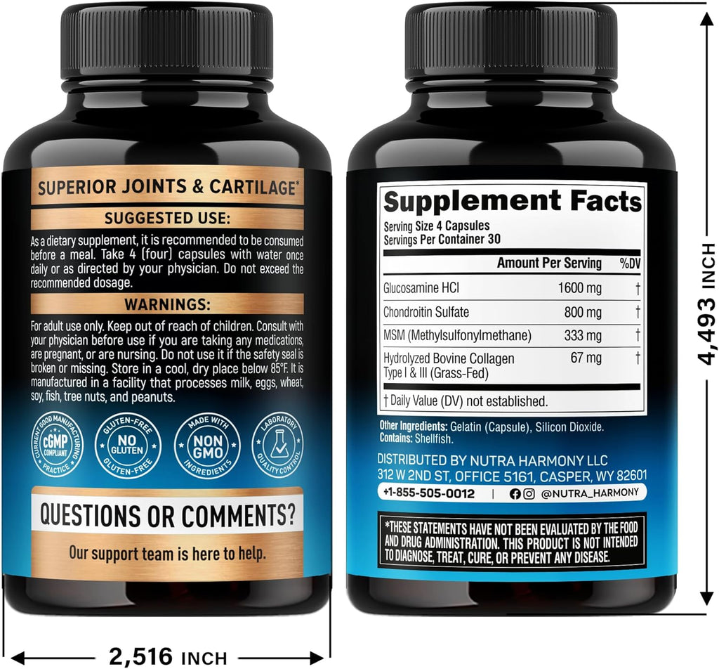 Glucosamine Chondroitin MSM Collagen | HSA | Joint Support Supplement 2800 mg | Made in USA | FSA Approved Product Items | Flexibility Nutritional Vitamins | For Men Women, 120 Capsules