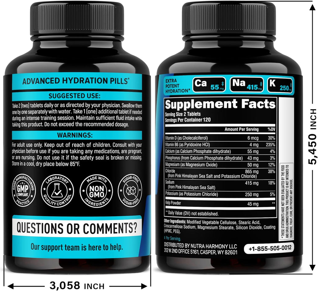 Electrolytes - Electrolyte Tablets with Magnesium, Sodium, Potassium, Chloride, Vitamins D3 & B6, Kelp Powder - Salt Pills - Made in USA - Oral Tablets as Capsules - Vegan & Keto Friendly - 240 Tabs