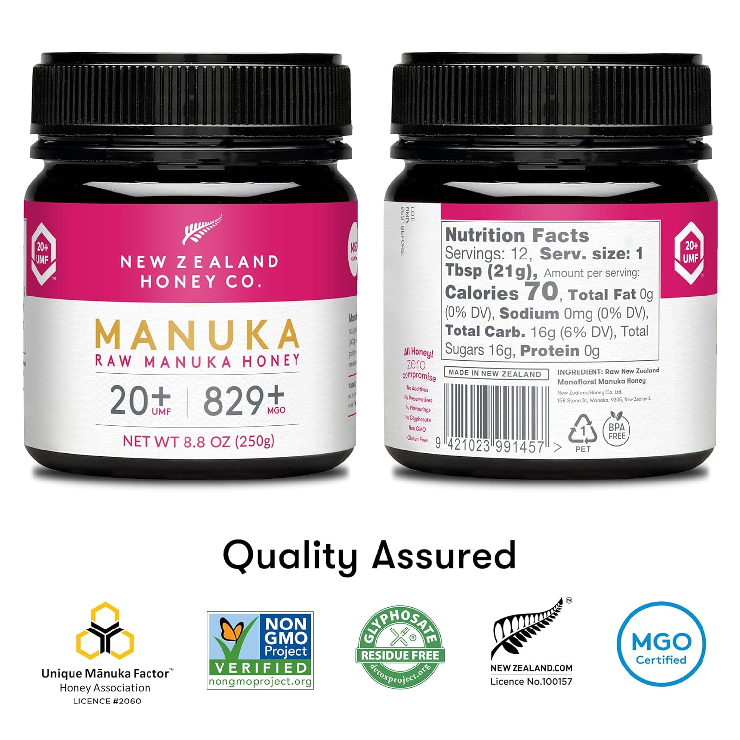 New Zealand Honey Co. Raw Manuka Honey UMF 20+ / MGO 829+ | UMF Certified Raw Medical Grade Honey | 8.8oz