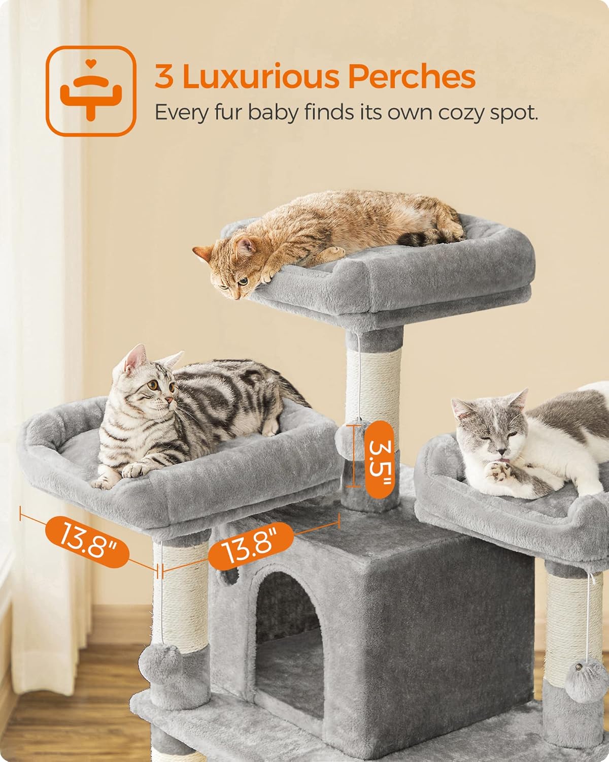 67 Inches Multi-Level Cat Tree for Large Cats, with Cozy Perches, Stable, Light Gray UPCT18W