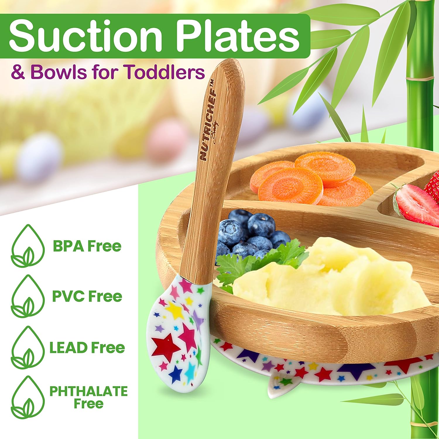 Nutriche Bab an Toddler compartmen plate bowl an spoo feedin set silico suction Non-toxi al natura Bambo bab foo plat wit silico bi (Star)