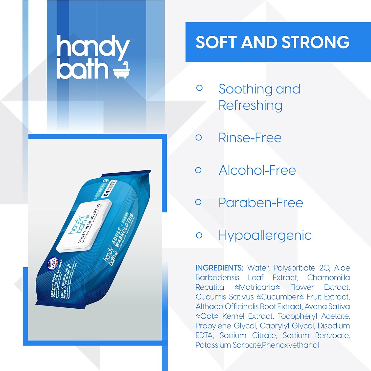 Handybath Adult Washcloths Scented, Extra Large Cleaning Wipes with Aloe Vera & Chamomile, 64 Wipes - Senior Care, Outdoor Activities, Travel Essentials