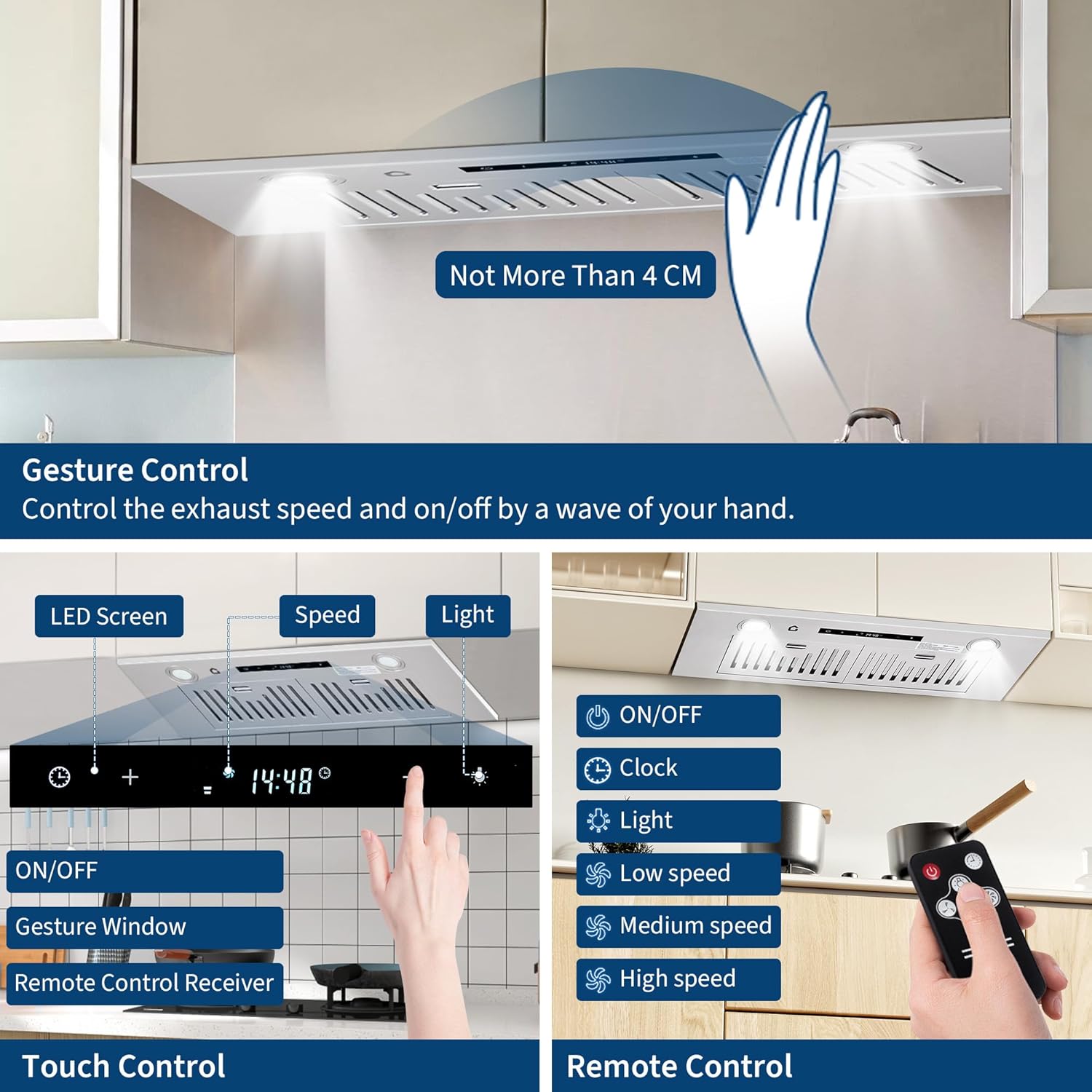 Rang Hoo 3 i Unde Cabinet Stainles Stee Kitche Ven Hood 45 CFM Ducted/Ductles Convertibl Duct Gesture Touc Remot Control Spee Settings Eas t Clean